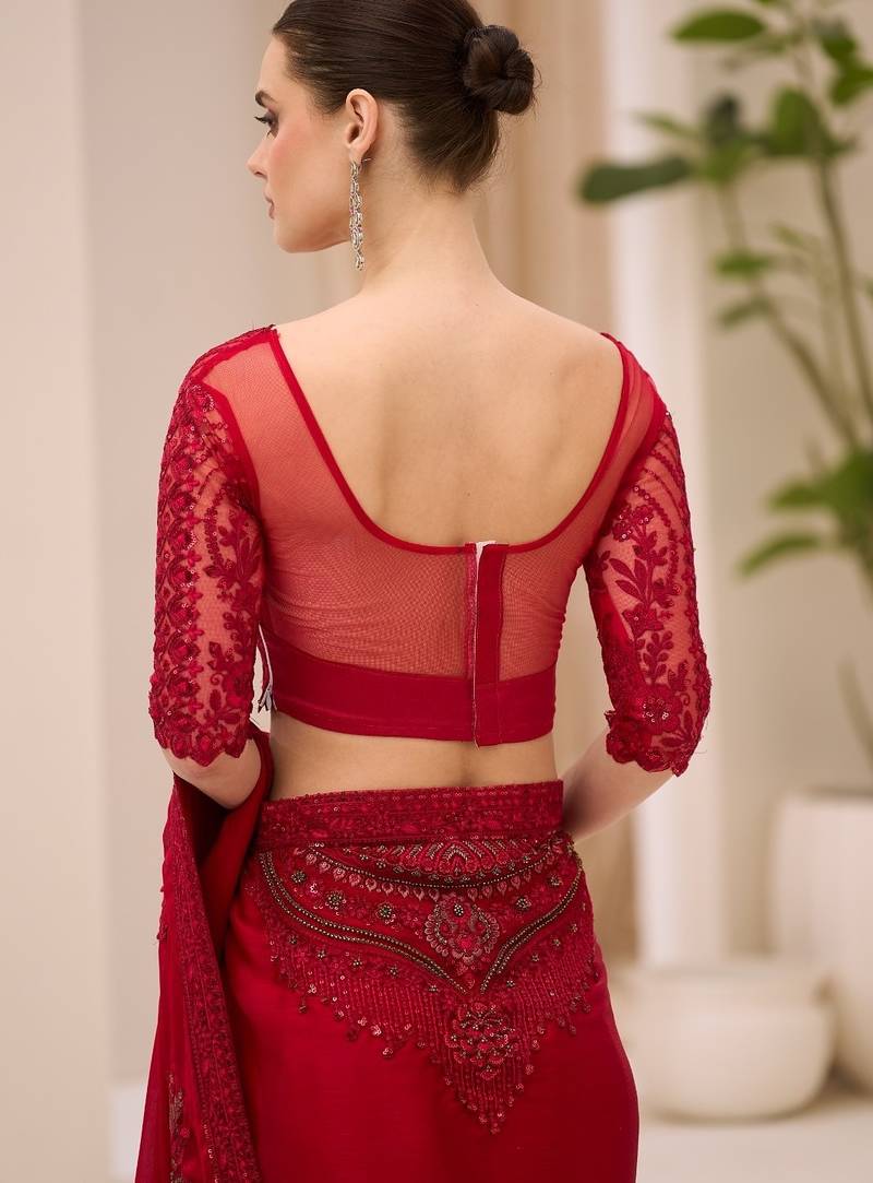 Cherry red satin chiffon saree with banglori work blouse