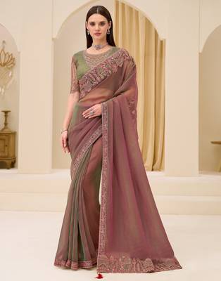 dual shade georgette saree with brocade zari work blouse 1