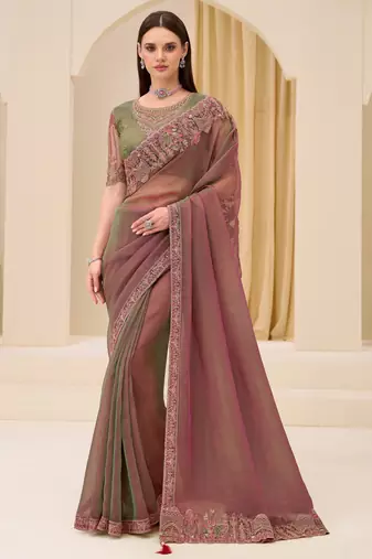 dual shade georgette saree with brocade zari work blouse