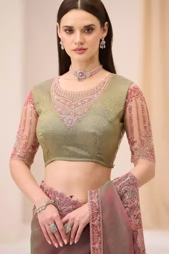dual shade georgette saree with brocade zari work blouse