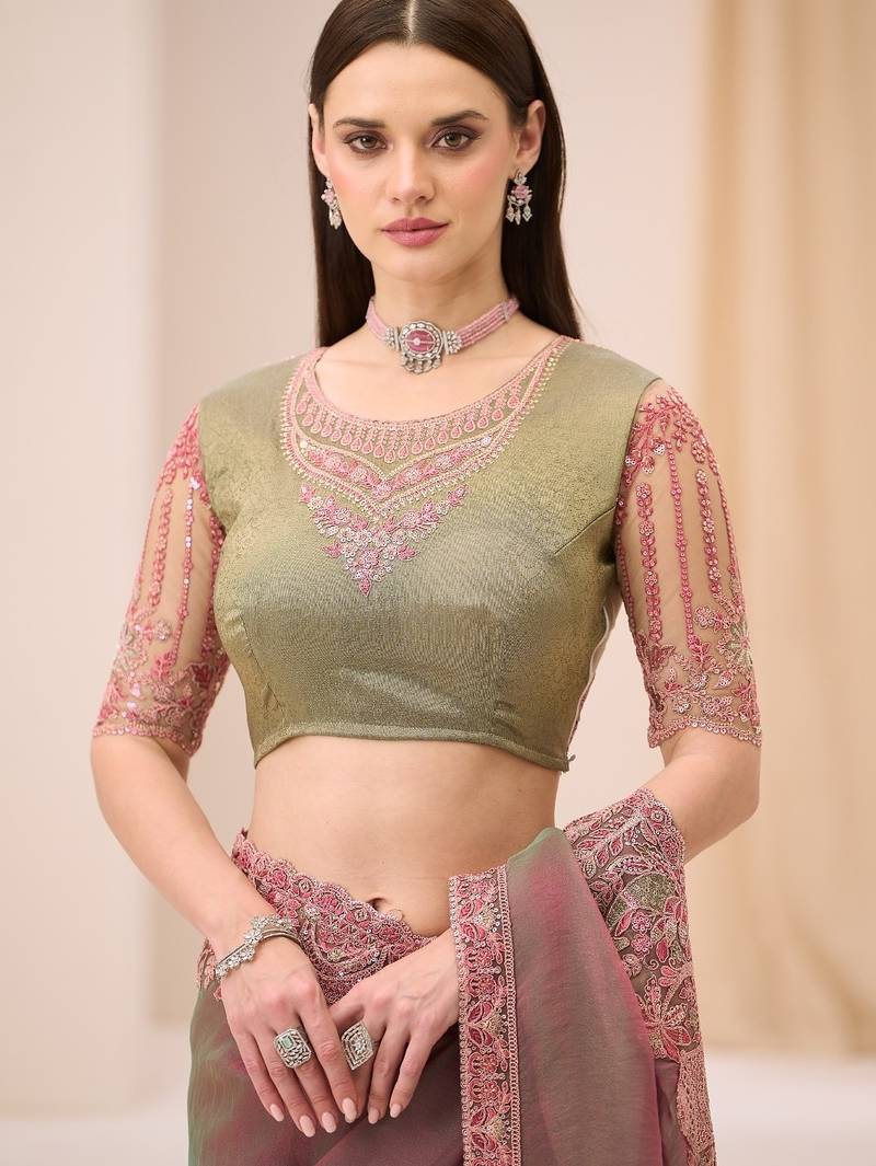 dual shade georgette saree with brocade zari work blouse