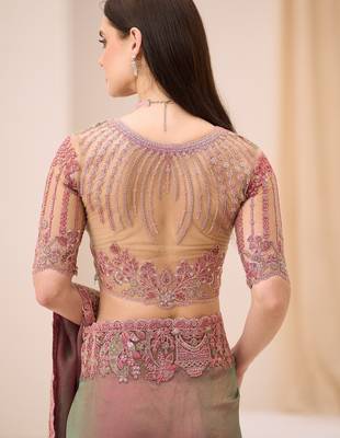 dual shade georgette saree with brocade zari work blouse 3