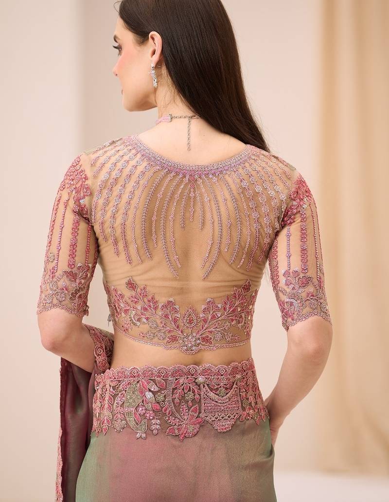 dual shade georgette saree with brocade zari work blouse