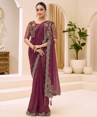 Rust georgette tissue saree with jacket style blouse 1
