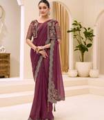 Rust georgette tissue saree with jacket style blouse