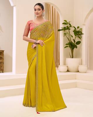 Golden satin chiffon saree with banglori work blouse 1
