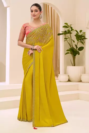 Golden satin chiffon saree with banglori work blouse