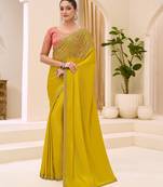 Golden satin chiffon saree with banglori work blouse