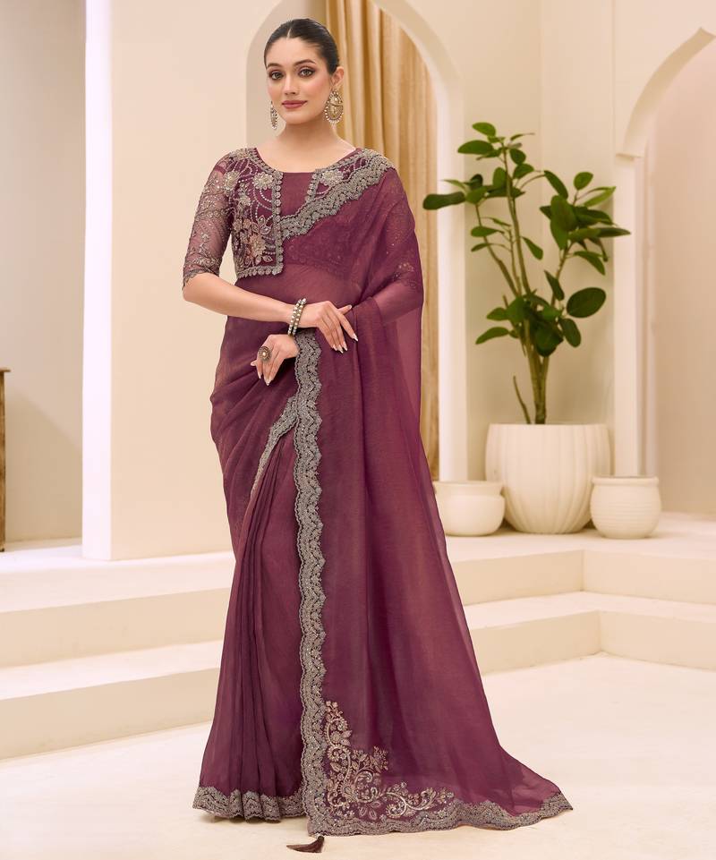 Rust georgette tissue saree with jacket style blouse