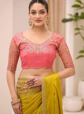 Golden satin chiffon saree with banglori work blouse 2