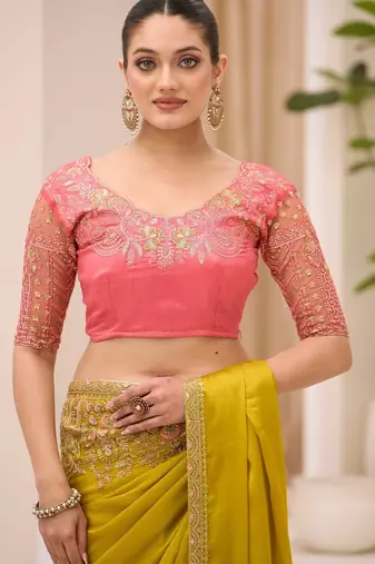 Golden satin chiffon saree with banglori work blouse