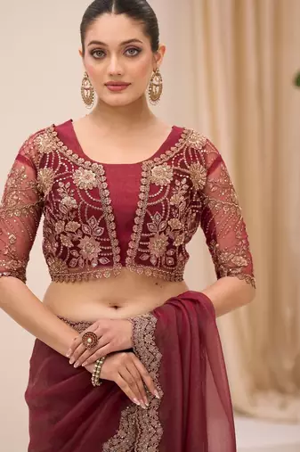 Rust georgette tissue saree with jacket style blouse