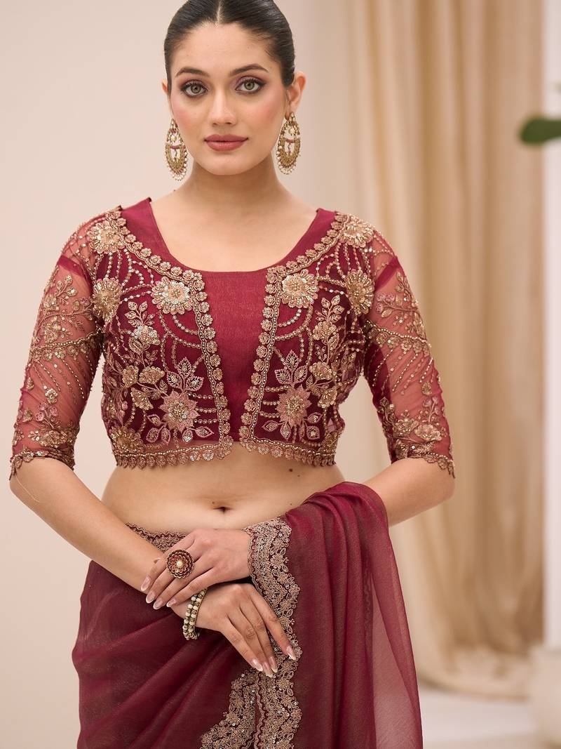 Rust georgette tissue saree with jacket style blouse