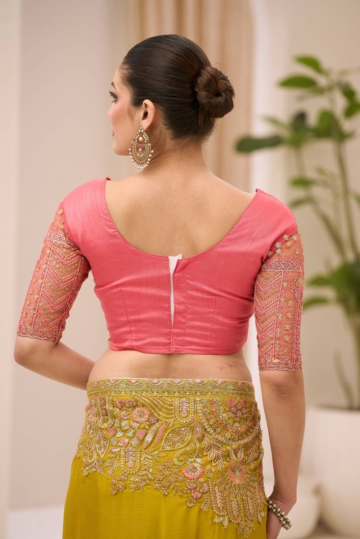 Golden satin chiffon saree with banglori work blouse