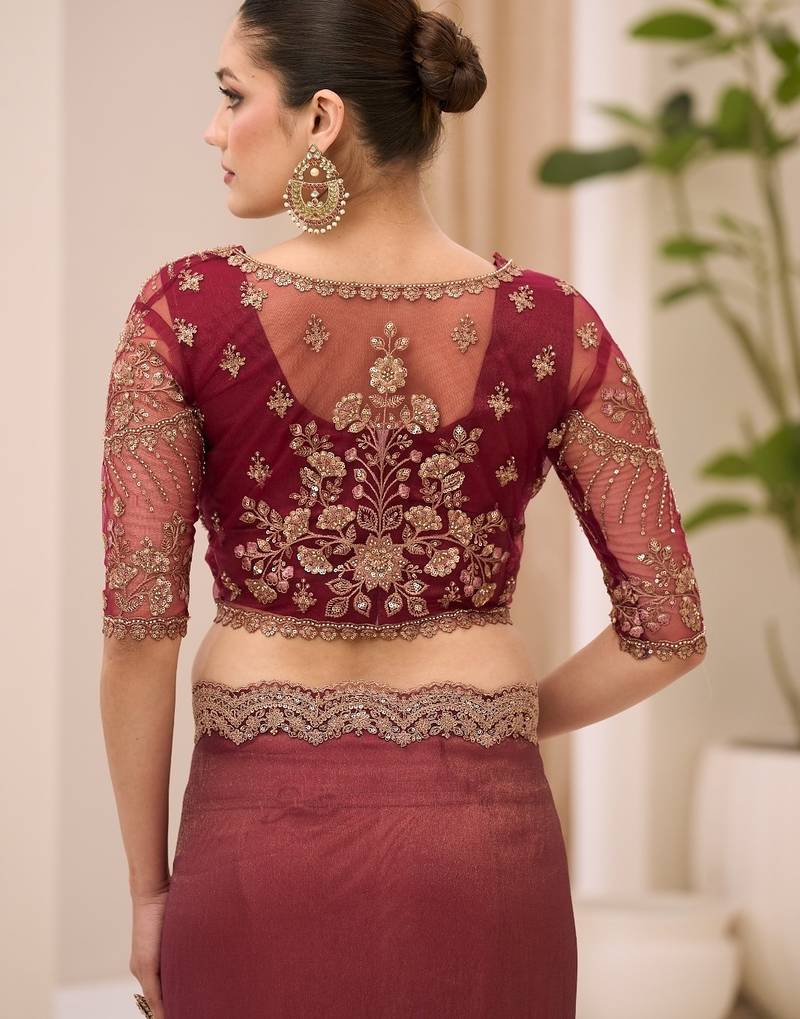 Rust georgette tissue saree with jacket style blouse