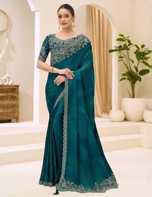 Rama green satin chiffon saree with banglori work blouse 1
