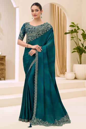 Rama green satin chiffon saree with banglori work blouse