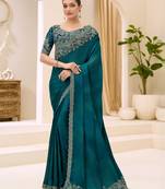 Rama green satin chiffon saree with banglori work blouse