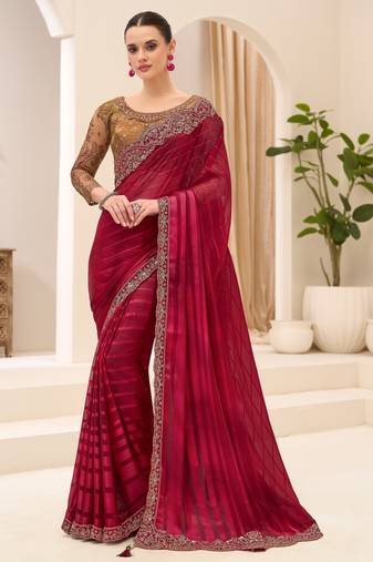 Georgette satin pattern saree with brocade work blouse