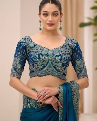 Rama green satin chiffon saree with banglori work blouse 2