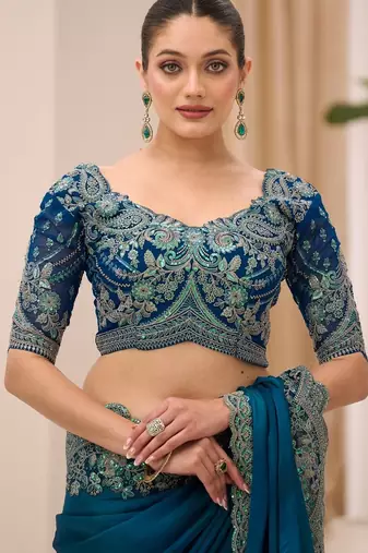 Rama green satin chiffon saree with banglori work blouse