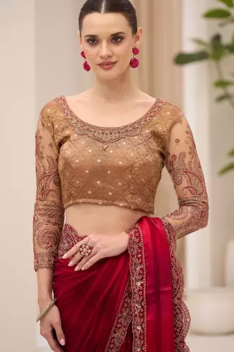 Georgette satin pattern saree with brocade work blouse