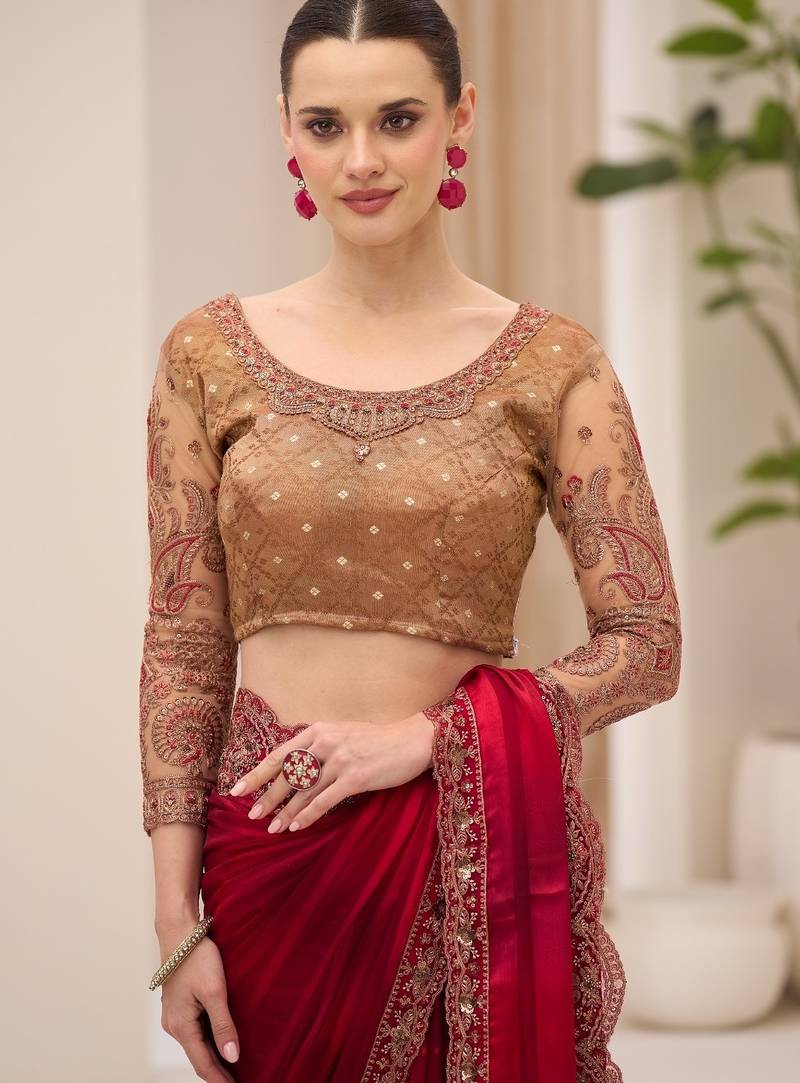 Georgette satin pattern saree with brocade work blouse