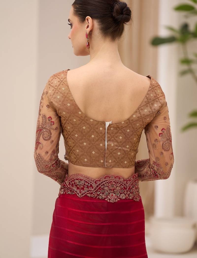 Georgette satin pattern saree with brocade work blouse