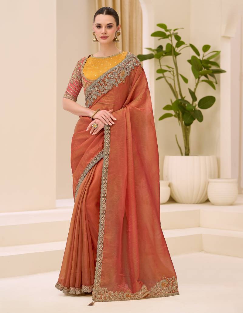 Dual shade silk saree with brocade work blouse