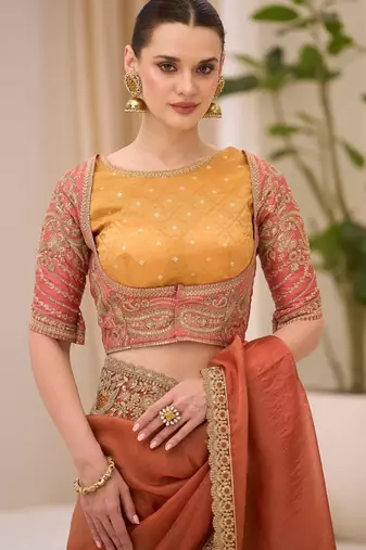 Dual shade silk blend saree with brocade work blouse