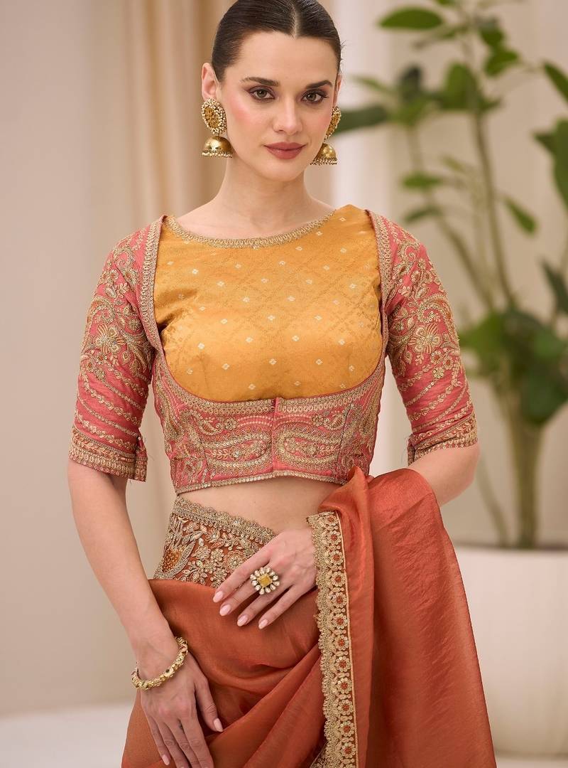 Dual shade silk saree with brocade work blouse