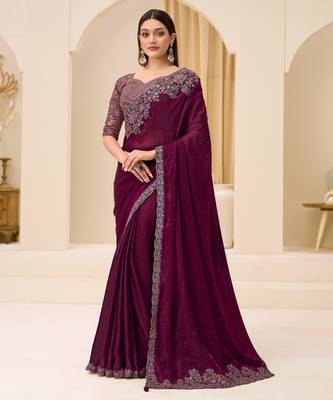 Wine satin silk blend saree with brocade work blouse 1
