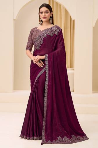 Wine satin silk saree with brocade work blouse