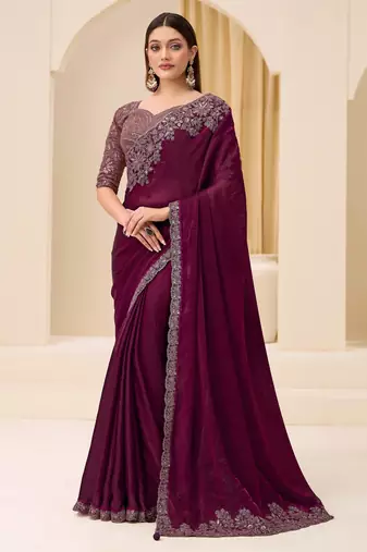 Wine satin silk saree with brocade work blouse