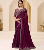 Wine satin silk saree with brocade work blouse