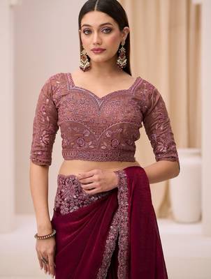 Wine satin silk blend saree with brocade work blouse 2