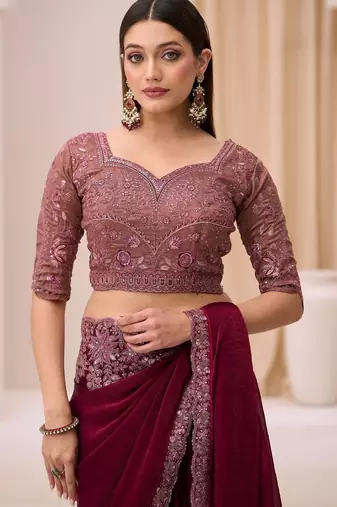 Wine satin silk blend saree with brocade work blouse