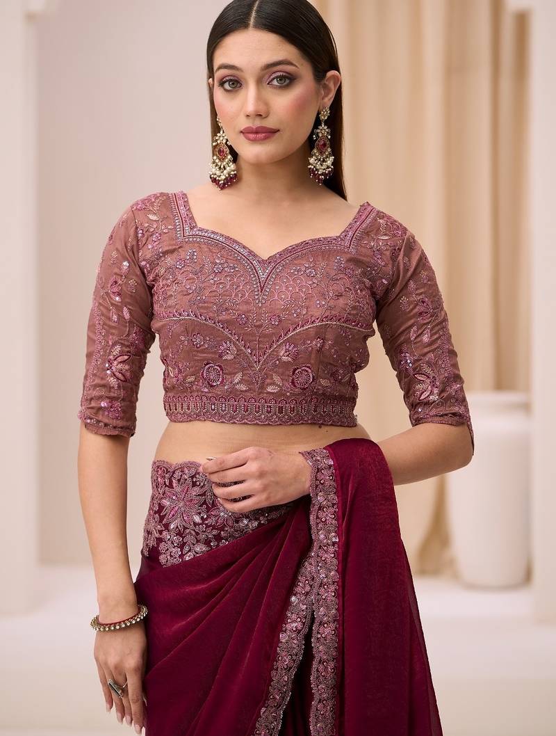 Wine satin silk saree with brocade work blouse
