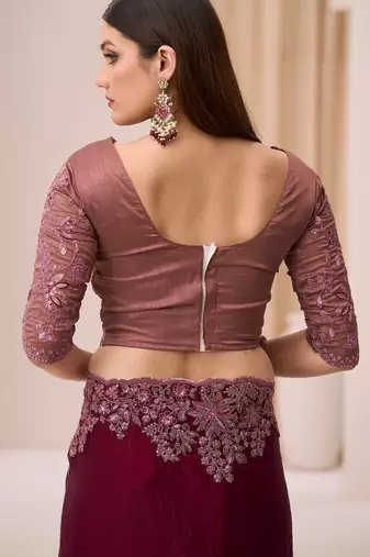 Wine satin silk blend saree with brocade work blouse