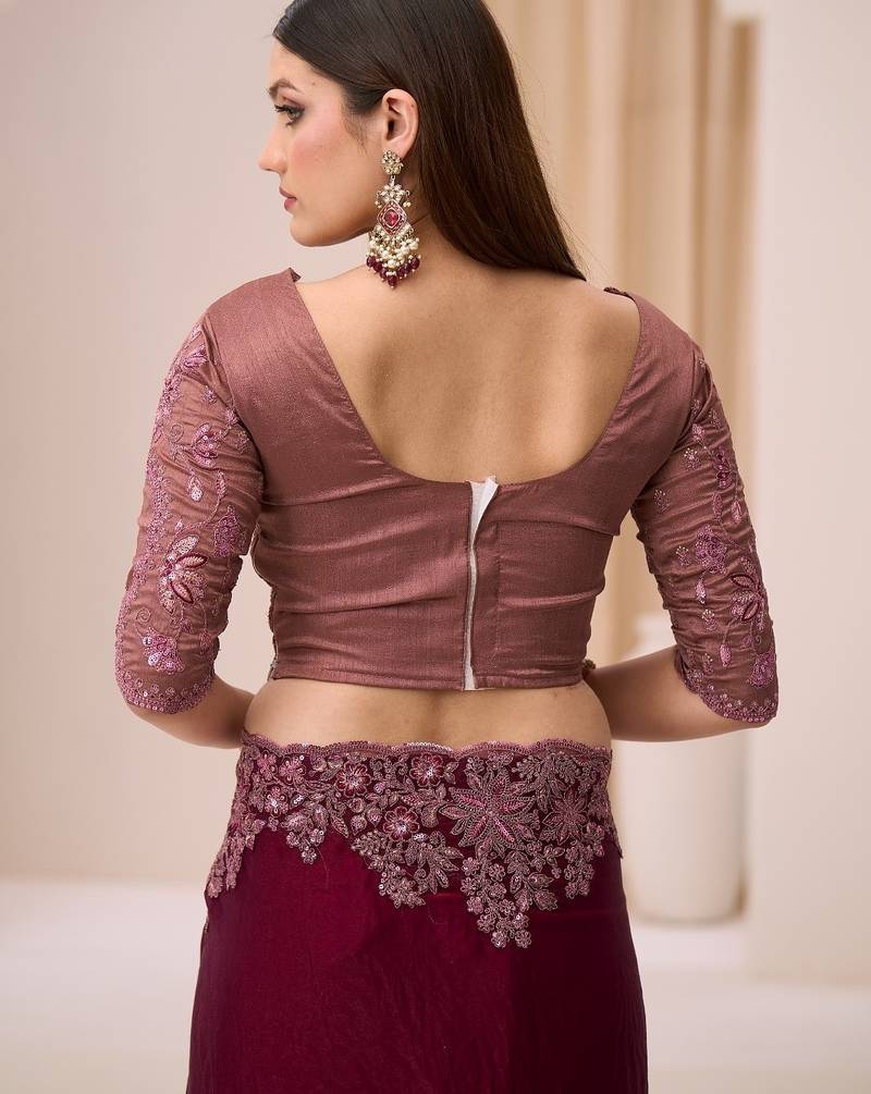 Wine satin silk saree with brocade work blouse