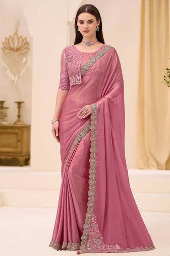 Powder pink shimmer satin saree with jacket style blouse