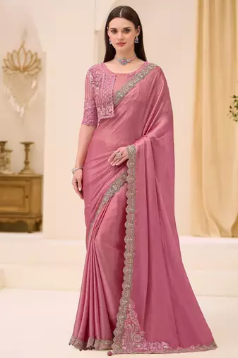 Powder pink shimmer satin saree with jacket style blouse
