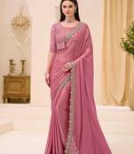 Powder pink shimmer satin saree with jacket style blouse