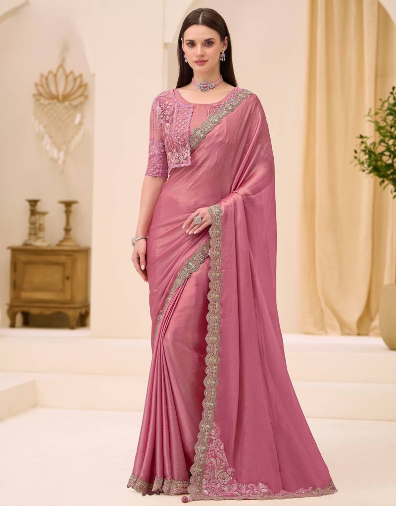 Powder pink shimmer satin saree with jacket style blouse