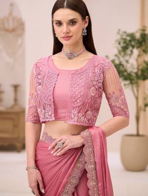 Powder pink shimmer satin saree with jacket style blouse 2