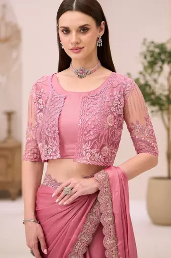 Powder pink shimmer satin saree with jacket style blouse