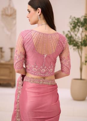 Powder pink shimmer satin saree with jacket style blouse 3
