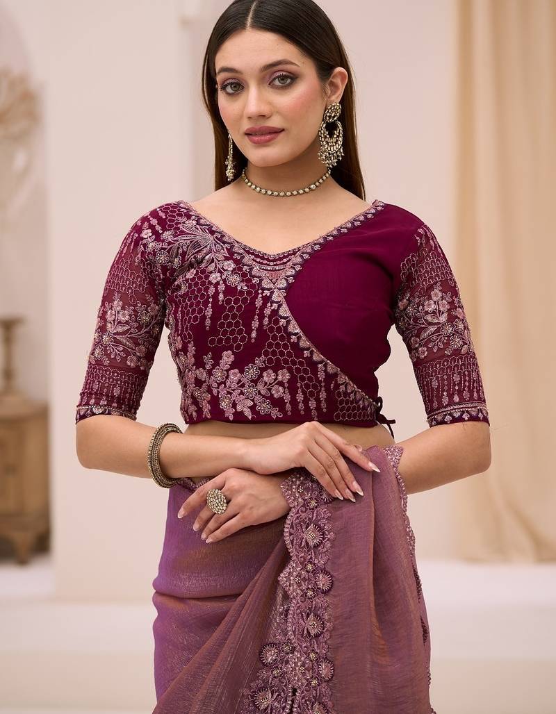 Dual shade georgette tissue saree with georgette work blouse