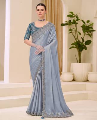 Silver shimmer satin saree with banglori work blouse 1