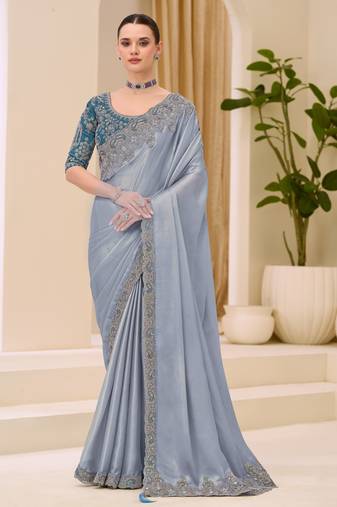 Silver shimmer satin saree with banglori work blouse